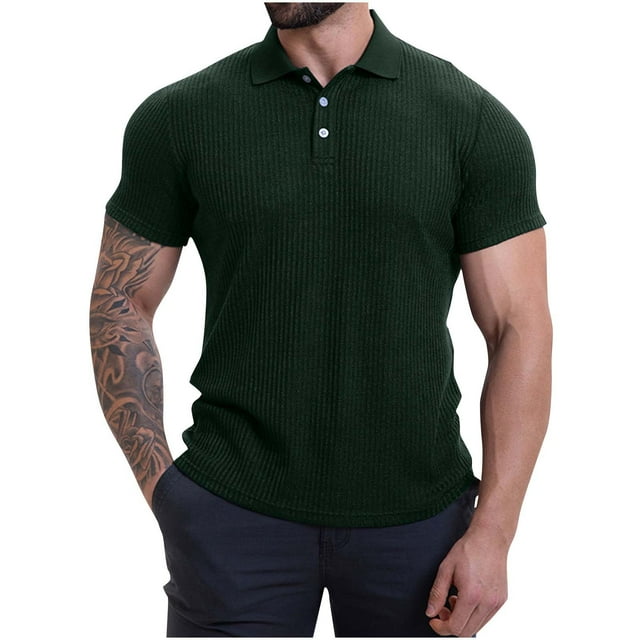 Plebaso Mens Ribbed Shirts Short Sleeve Button up Knit Muscle Shirts Collared Slim Casual Tees for Men