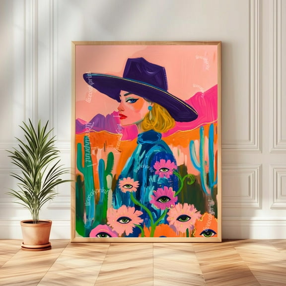 Maximalist Blonde Cowgirl Art Print – Western Desert Wall Art – Surreal Eye Flower Decor – Pink Funky Boho Eclectic Wall Art Wall Art, Modern Wall Decor, 8x12 UNFRAMED
