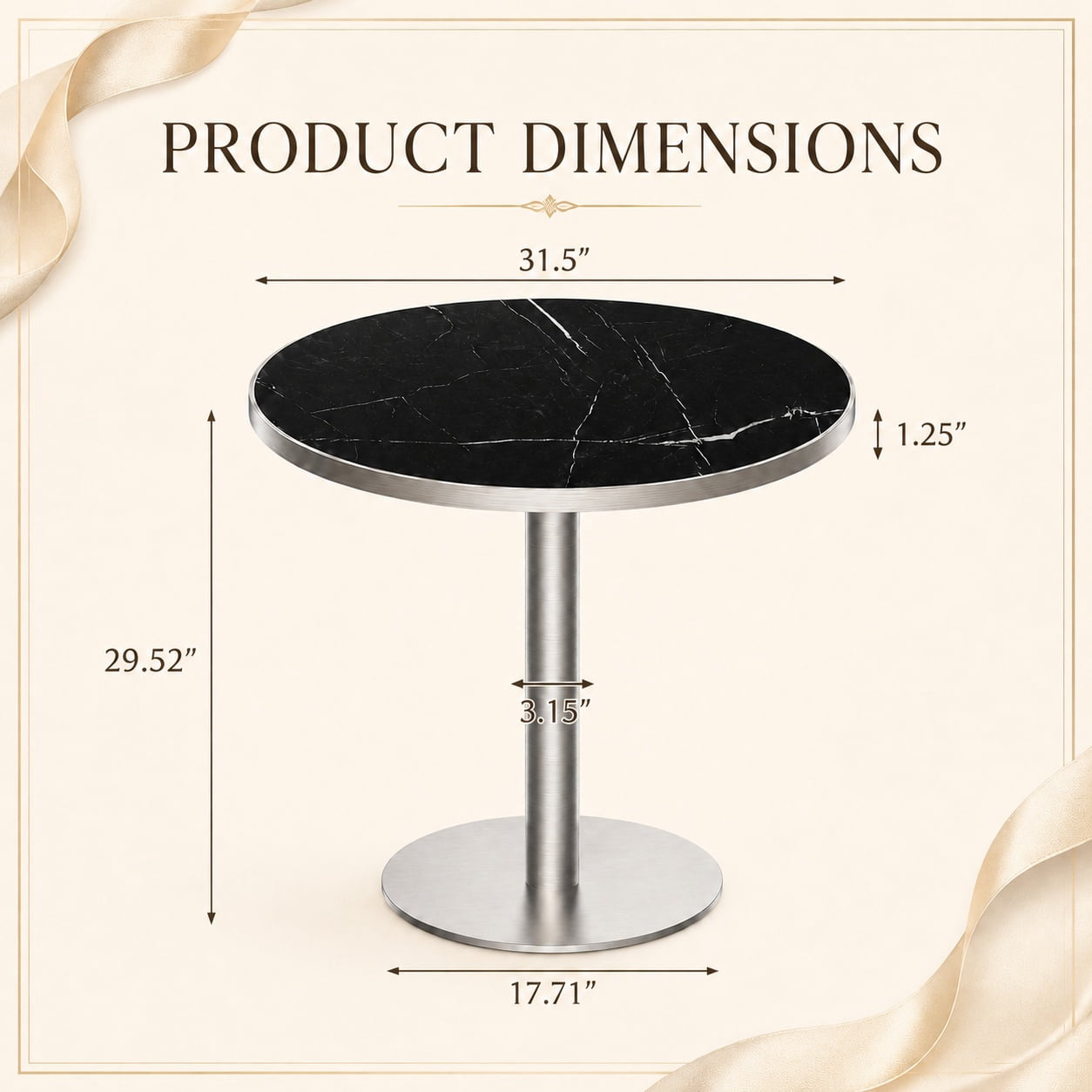 Aukfa 31.5" Round Sintered Stone Dining Table for 2-4, Kitchen Table Tulip Table with Silver Pedestal Base for Bistro Small Apartment,Obsidian Black