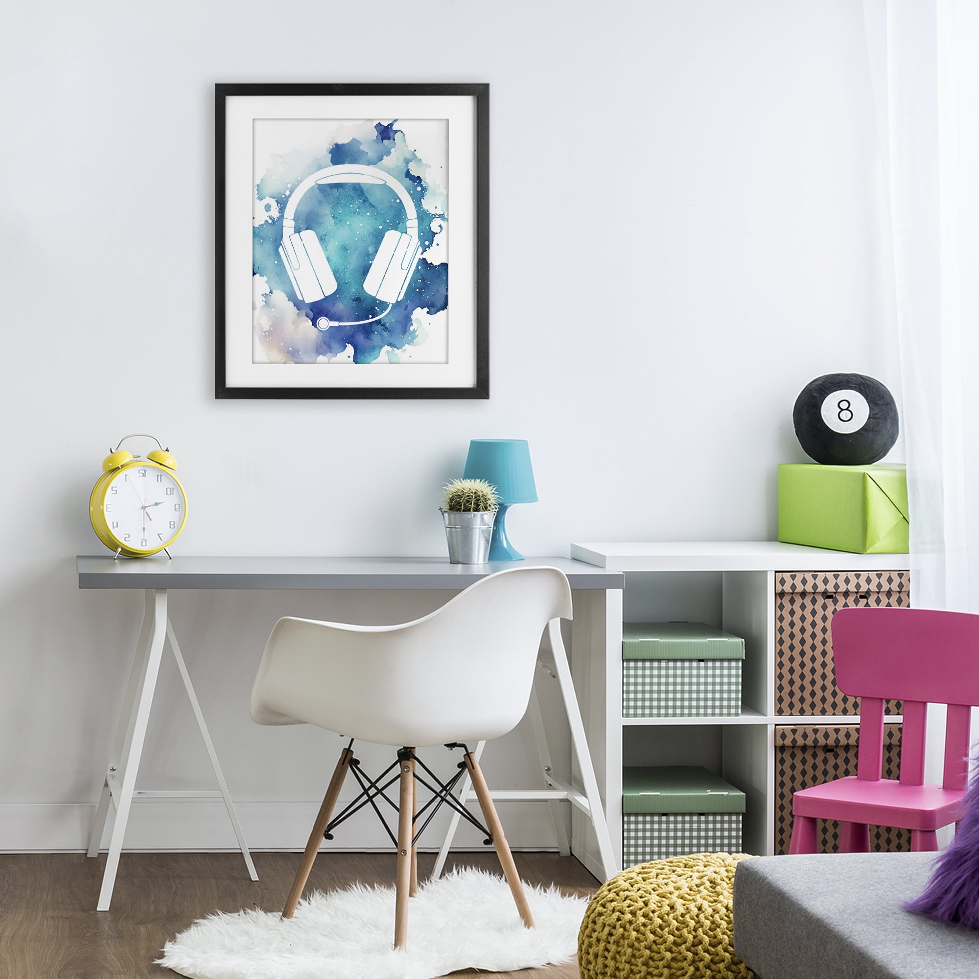Blue Headphone Splatter Black Framed Print Under Glass, design by Marcus Prime