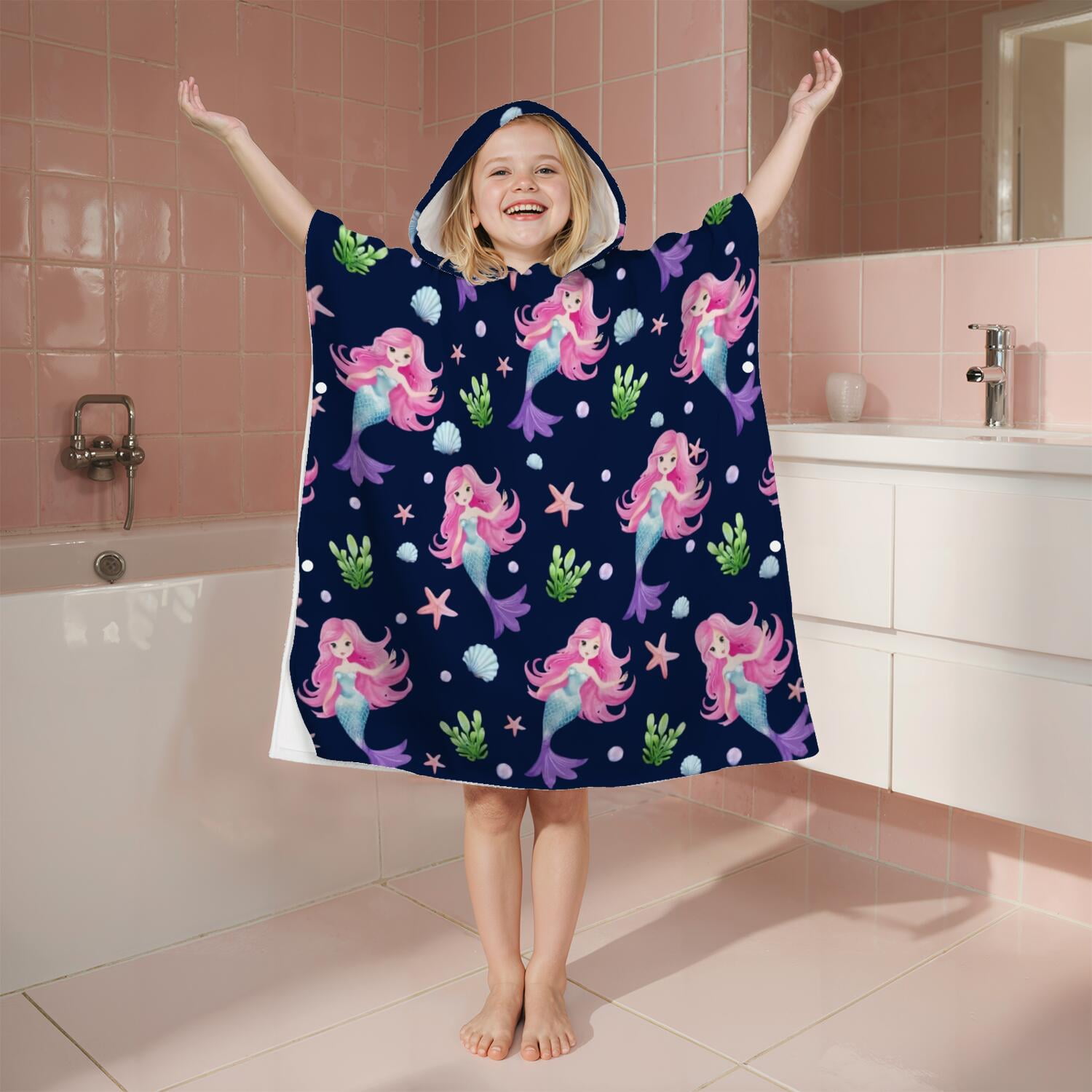 Hooded Kids Beach Towels - Toddler Bath Towel Girls Boys Swimming Cover-ups for Ages 2 to 6 Kids Pool Towels Quick Dry Lightweight Soft Microfiber Poncho Towel 28x28 (Mermaid Seashell)
