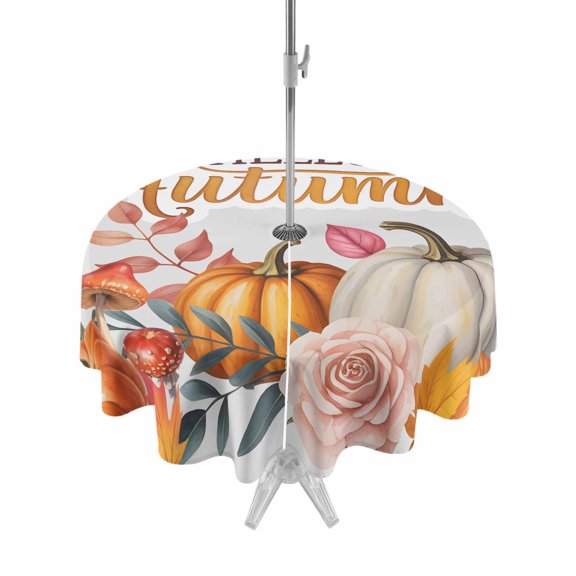 Outdoor Tablecloth with Umbrella Hole and Zipper, Orange Pumpkin Round Table Cloth 54 Inch Waterproof Tablecloth, Thanksgiving Fall Hello Autumn Eucalyptus Picnic Table Cover for Patio Camping