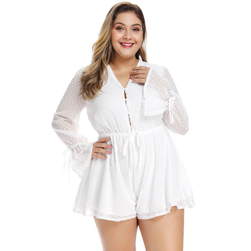 Women Plus Size Chiffon Rompers V Neck Flare Long Sleeve Solid Slim ...