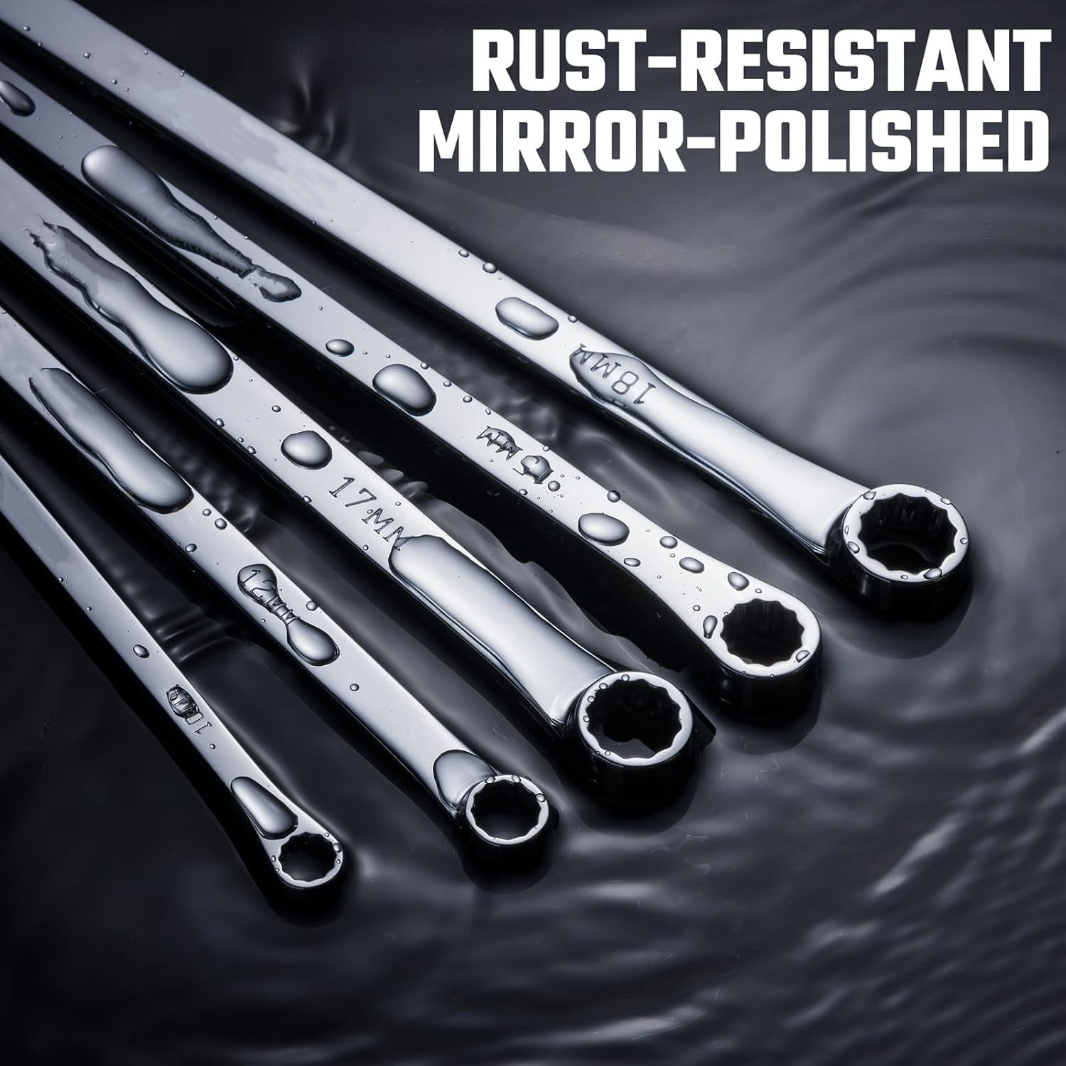 5-Piece Extra Long Wrench Set, Double Box End Wrench Set, 0 Degree Offset, Metric, CR-V Steel, 8mm, 10mm, 12mm, 13mm, 14mm, 15mm, 16mm, 17mm, 18mm, 19mm, Organized in Rolling Pouch