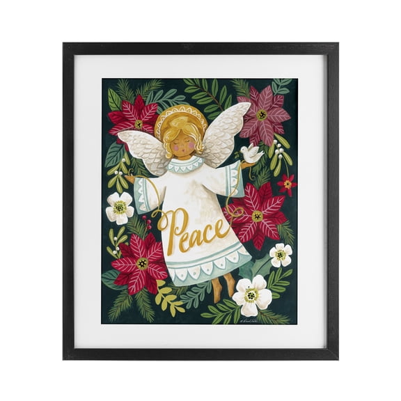 Angel with Peace & Botanicals Black Framed Print Under Glass, design by Diane Kater