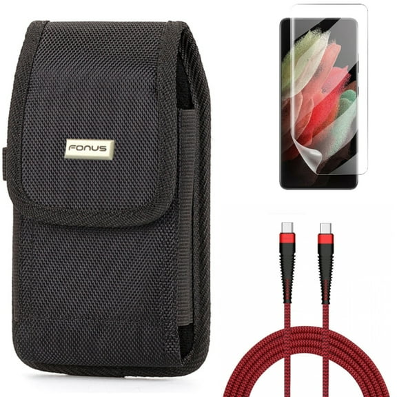 10ft PD Cable & Case Belt Clip & Matte Screen Protector for Samsung Galaxy S21 Ultra Phone - Type-C to USB-C Charger Cord & Rugged Holster & TPU Film Anti-Glare Accessory Bundle