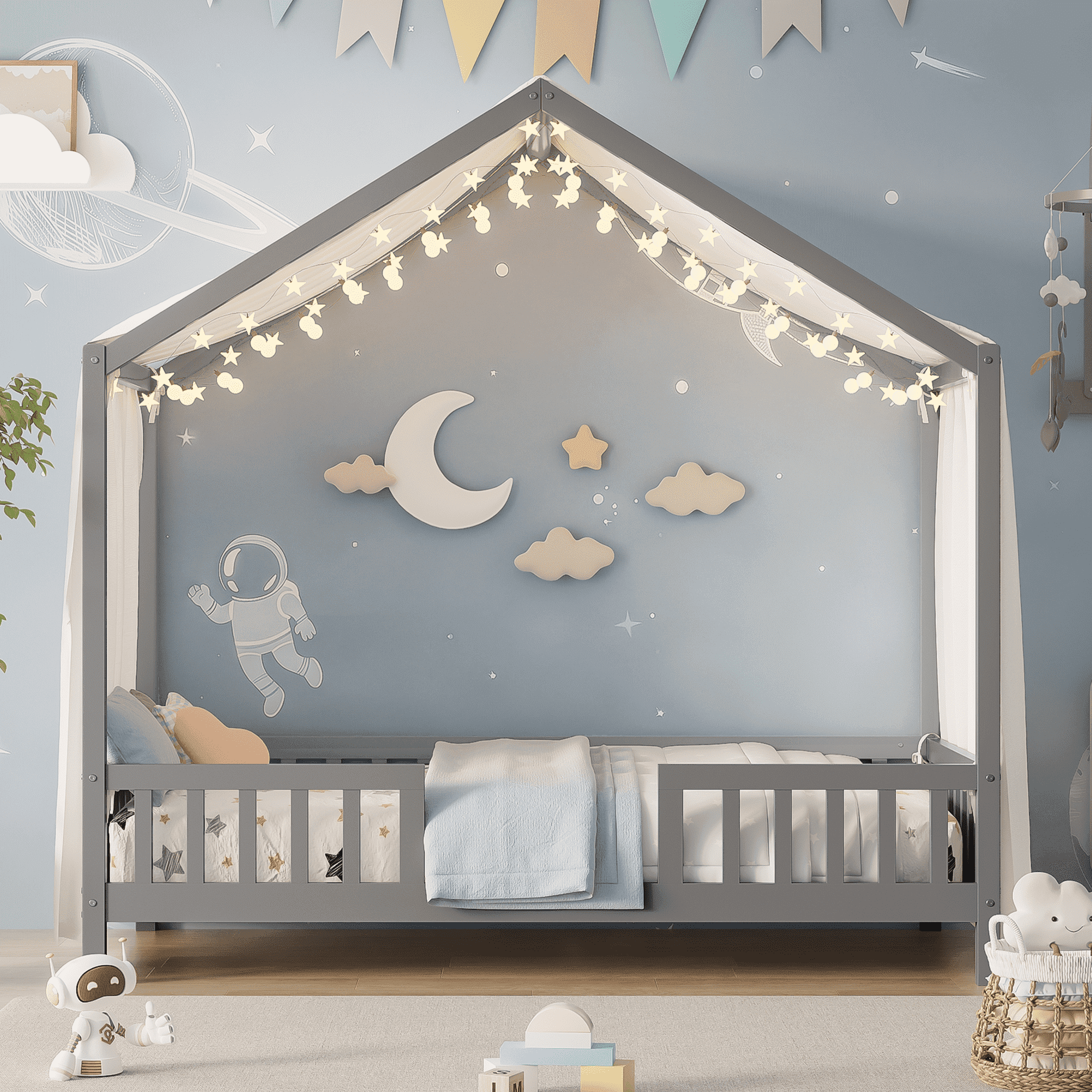 Euroco House Floor Bed with High Railings, Twin Size Kids' Bed with Canopy, Grey