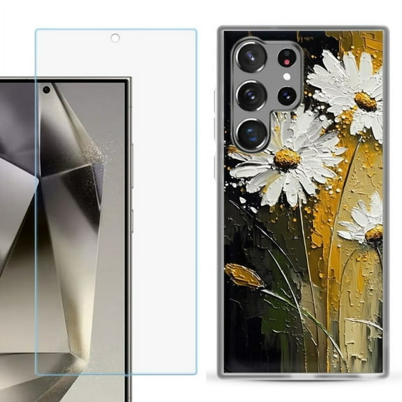 OneToughShield ® Compatible with Samsung Galaxy S24 Ultra, Shockproof Phone Case, with Tempered Glass Screen Protector - Abstract Daisy