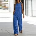thumbnail image 5 of Sevevn Women's 2-Piece Linen-Look Outfit Sleeveless Asymmetric Top and Wide Leg Pants Set Blue M, 5 of 7