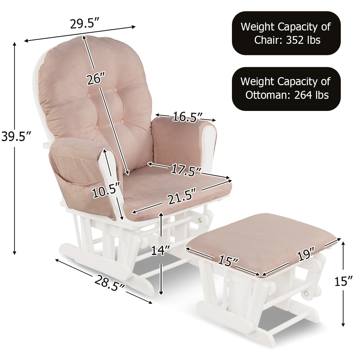 Infans Glider and Ottoman Cushion Set Wood Baby Nursery Rocking Chair Pink