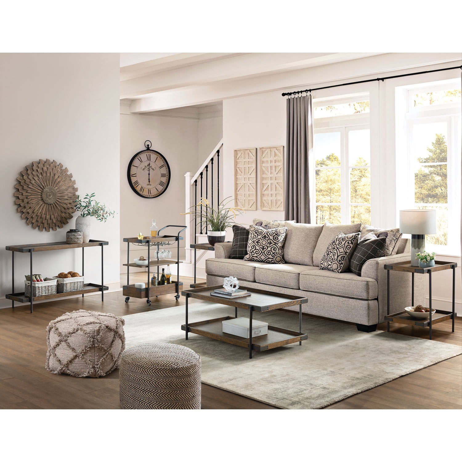 Bolton Furniture Kyra 5-Piece Oak and Metal Living Room Set with 42"L Coffee Table, Two Side Tables, Sofa/TV Console and Bar Cart