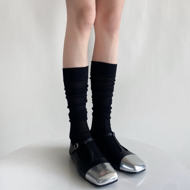 Xiao Hua 3 pares de calcetines casuales de tubo de algodón hasta la rodilla para mujer, de punto liso, largos hasta la rodilla, regalo para toda la temporada, elásticos, suaves (negros)