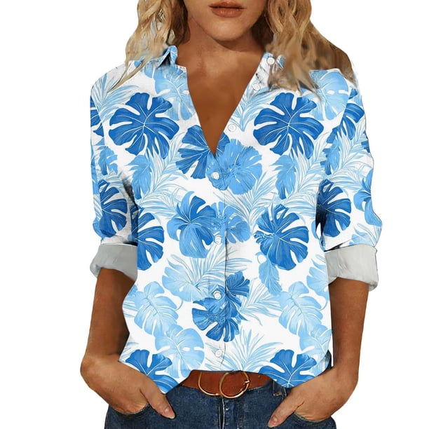 Camisas de cuello de la tripulación de manga corta para las mujeres hawaiana impreso cuello acampanado blusa casual suave verano playa top