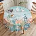 thumbnail image 3 of Summer Beach Round Tablecloth 60 inches Green Ocean Colorful Coral Shell Seaweed Starfish Sandy Waterproof Oil-Proof Table Cloth Round Table Cover for Holiday Party Picnic Dinner Decor Indoor Outdoor, 3 of 9