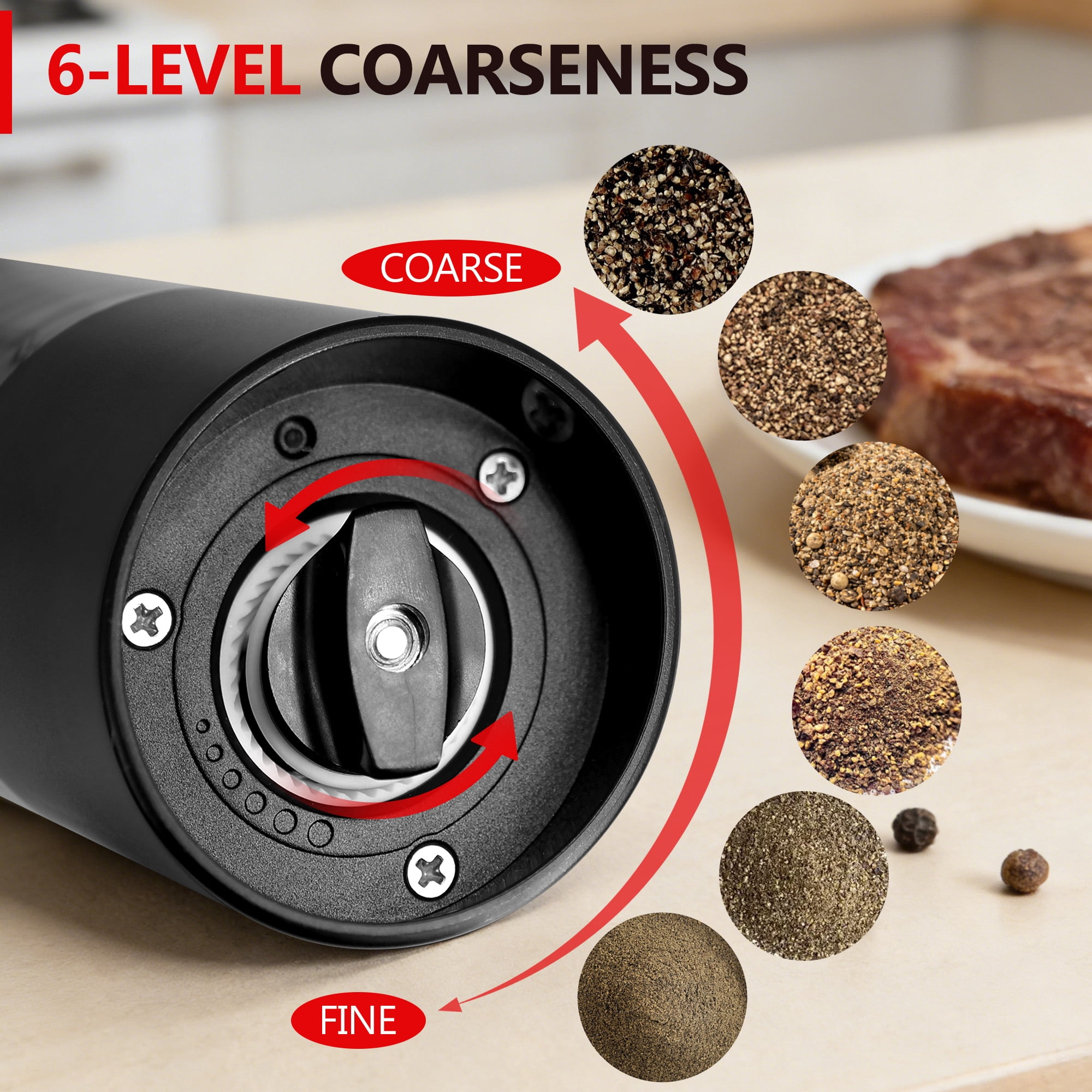 YOLETO Electric Pepper Grinder Set with Display Stand One Hand Operated USB C Rechargeable Adjustable Coarseness Ceramic Burr See Through Chamber (2 pack, Black)