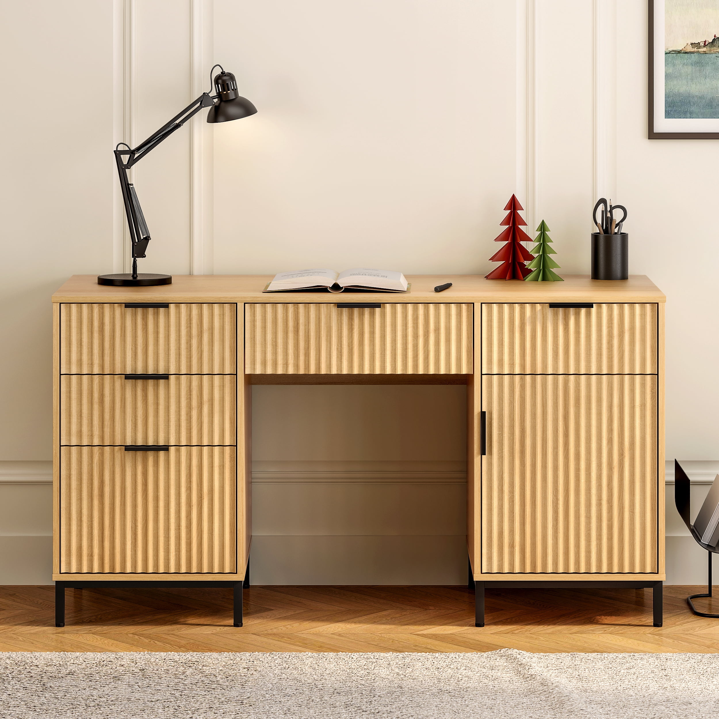 Joyyskill Fluted Executive Desk with File Drawer, 55" Large Computer Desk with Storage and Charging Station, Modern Wooden Home Office Desk, Nautral Oak