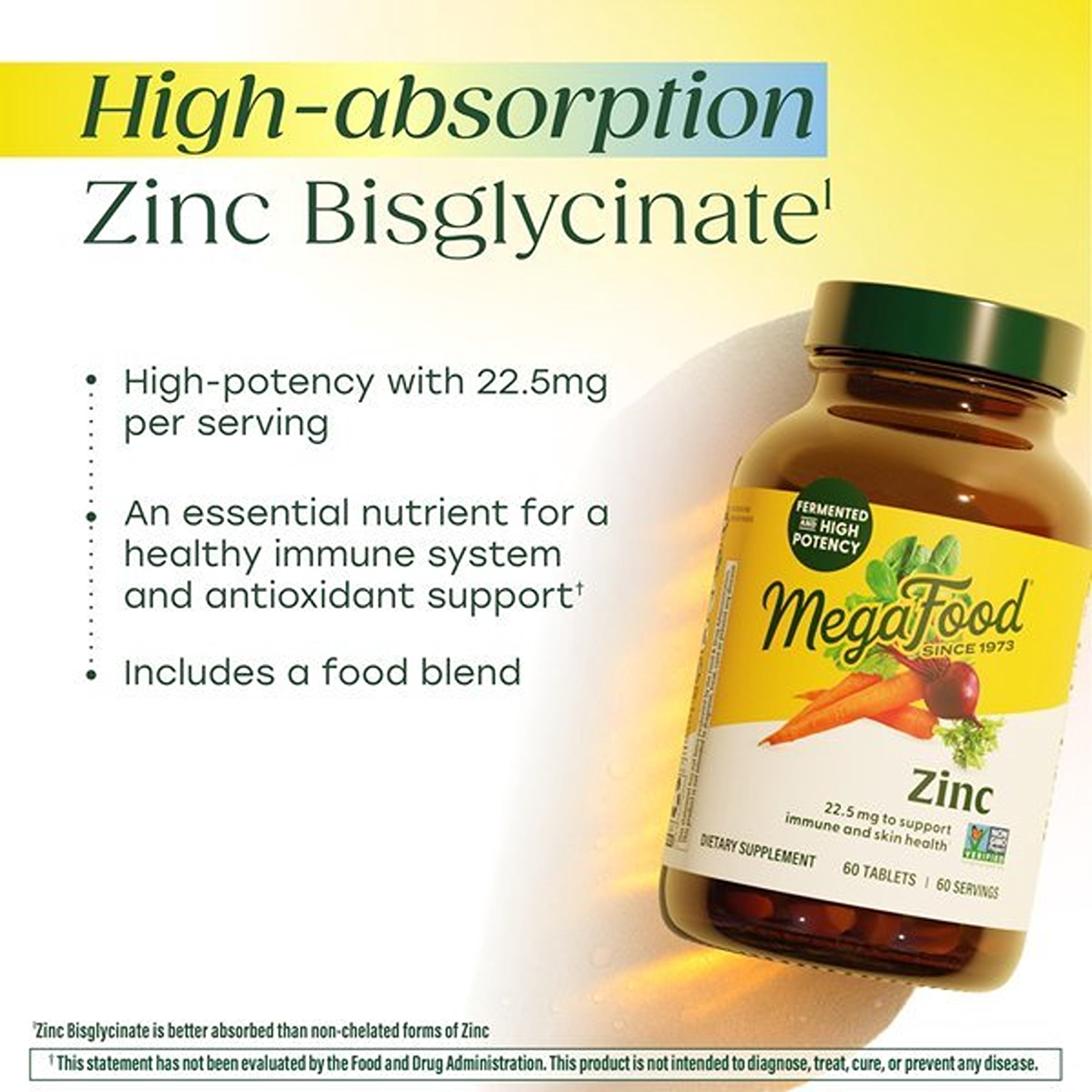 MegaFood Zinc Supplements - Vegan Immune Support Supplement with 22.5 mg High Potency Fermented Zinc - Made with Real Food - Gluten-Free, Kosher - 120 Tablets, 120 Servings