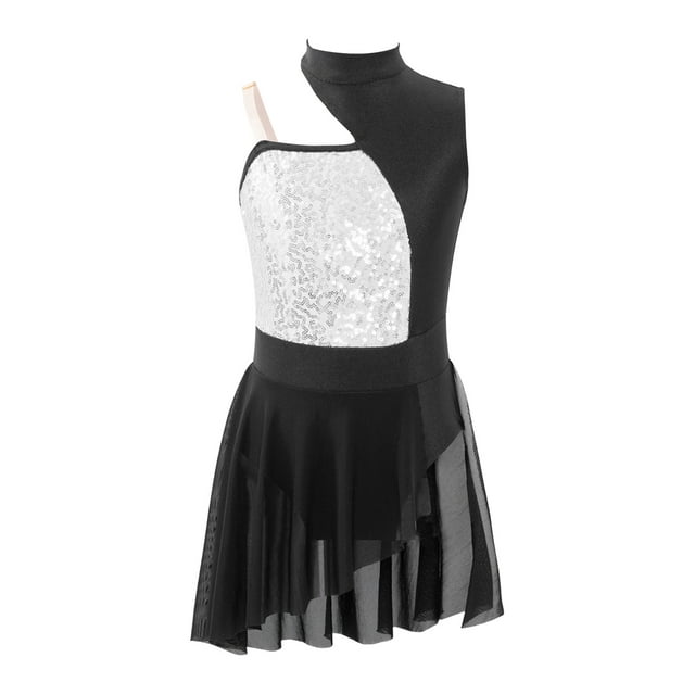 YONGHS Robe de Danse Ballet Moderne Col Montant Découpé Dos Lyrique pour Filles Enfants Justaucorps de Gymnastique Argent 10
