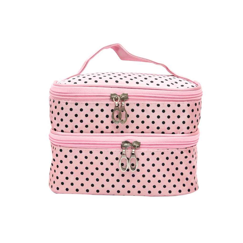 Women Girls Cosmetic Bag Makeup Case Double Layer Dot with Mirror Toiletry Bag Organizer Pouch Case Handbag