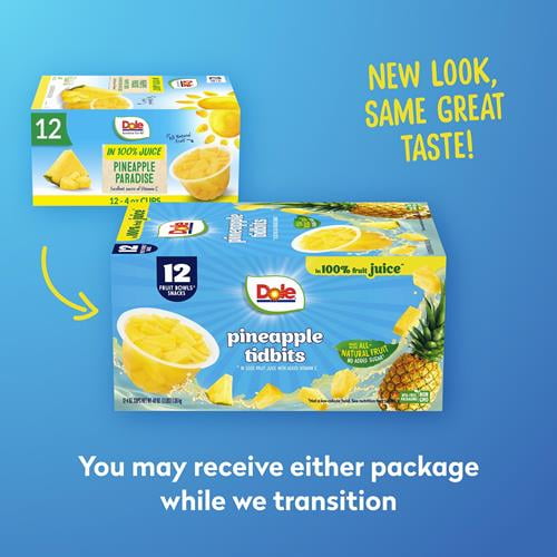 Dole Fruit Bowls Pineapple Paradise Tidbits in 100% Fruit Juice, 4 oz Cups (12 Pack) ( 2 Box )