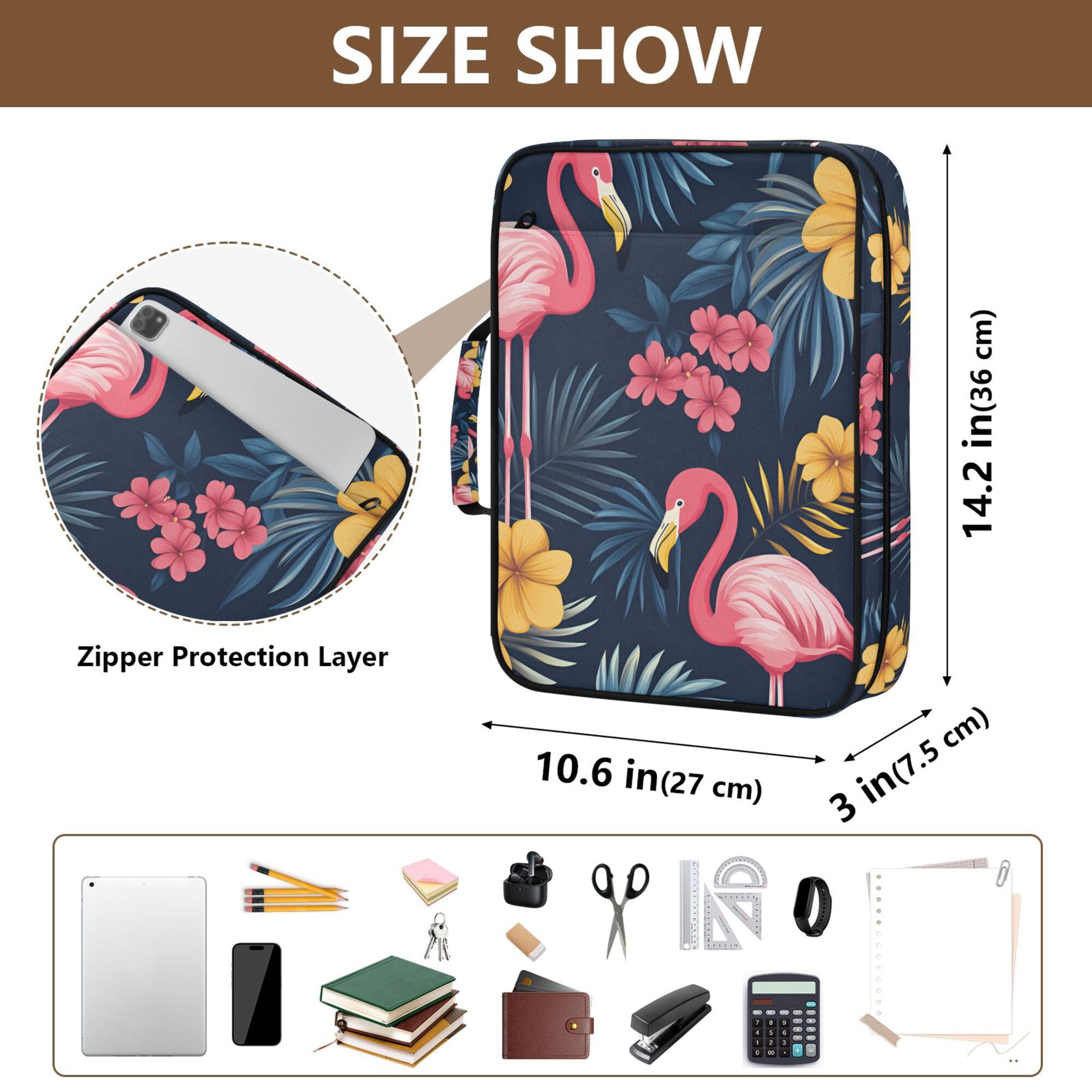 FORMRS Accordion File Folder A4 Size 7-Pocket Expanding Document Organizer Bag with 3 Ring Binder, Red Floral Flamingo