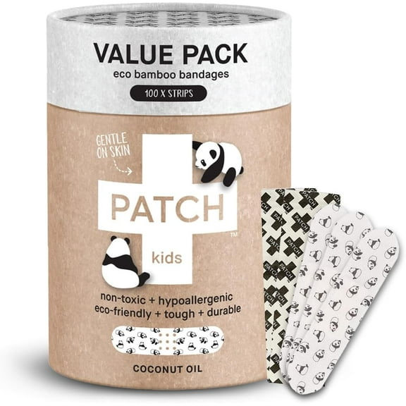 PATCH 100 Pieces Bandage Value Pack, Infused with Coconut Oil, Kids Panda Eco-Friendly Bamboo Adhesive Bandages for Scratches & Grazes, Hypoallergenic Wound Care for Sensitive Skin, Biodegradable