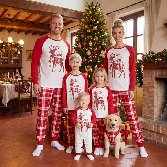 AIGUR Christmas Pajamas for Family Christmas Family Matching Pajamas Sets Reindeer Print Shirt Plaid Pants