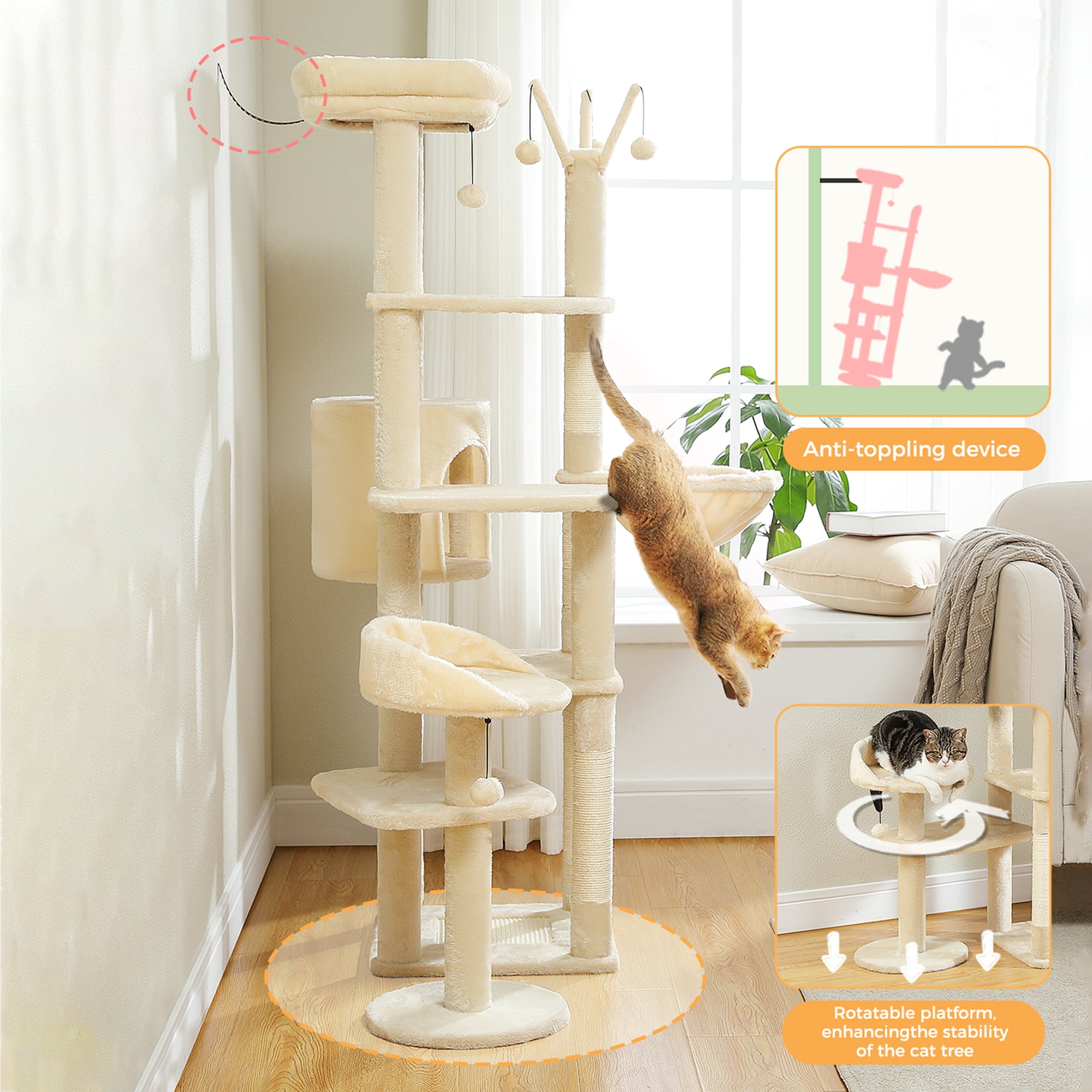 Pefilos 59" Multi-Level Cat Tree House with Large Hammock, Scratching Post, 2 Perches, Cat Tower with 3 Removable Pompom Sticks, Cat Condo, Beige Pefilos 59" Multi-Level Cat Tree House with Large Hammock, Scratching Post, 2 Perches, Cat Tower with 3 Removable Pompom Sticks, Cat Condo, Beige