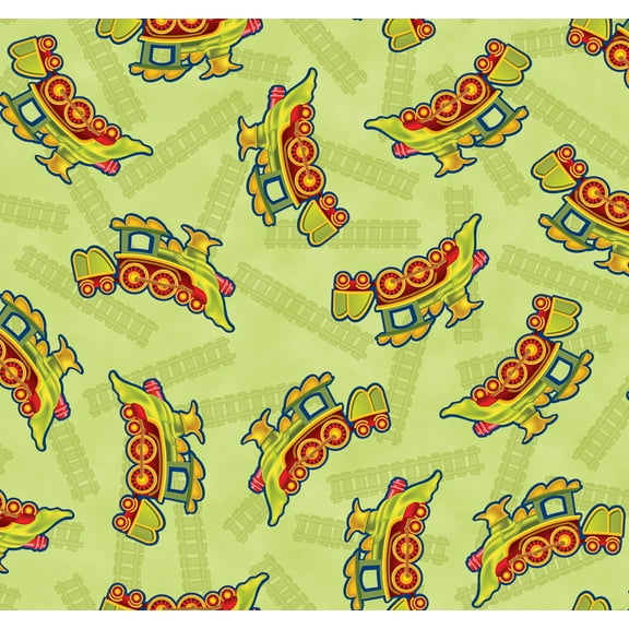 Light Green "Buddy's Big Adventure" Train Pattern Cotton Fabric Sold by The Yard