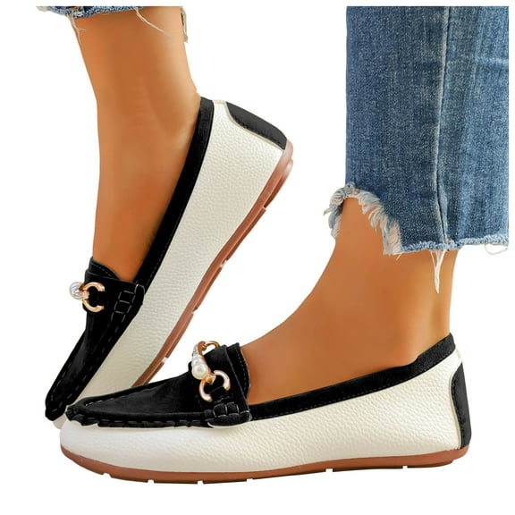 Pearl Rhinestones Penny Loafers for Women Fashion Casual Leather Color Block Sparkly Slip on Walking Flats Boat Shoes