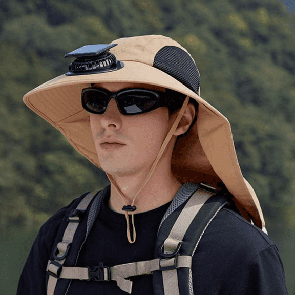 Bxaolu Sun Fan Hat for Men Women with Neck Flap, Solar Fan Hat Sun Protective Hiking Fishing Hats,Wide Brim Sun Hat for Women Men, Khaki
