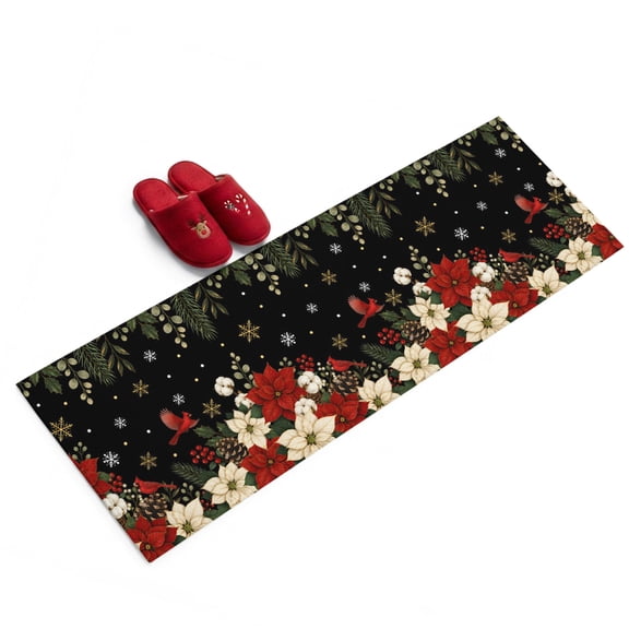 Christmas Floral Washable Area Rug 2 x 6 ft Vintage Red White Poinsettia Bird Black Soft Non‑Slip Rugs Stain Repellent Indoor Mats for Long Hallway, Kitchen Runner, Corridor Laundry