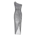 thumbnail image 3 of safuny Women's Maxi Side Split Dress Solid Sequins Shiny Trendy Dresses Sleeveless Elegant Cocktail Wedding Evening Party Holiday One Shoulder Gray L, 3 of 4