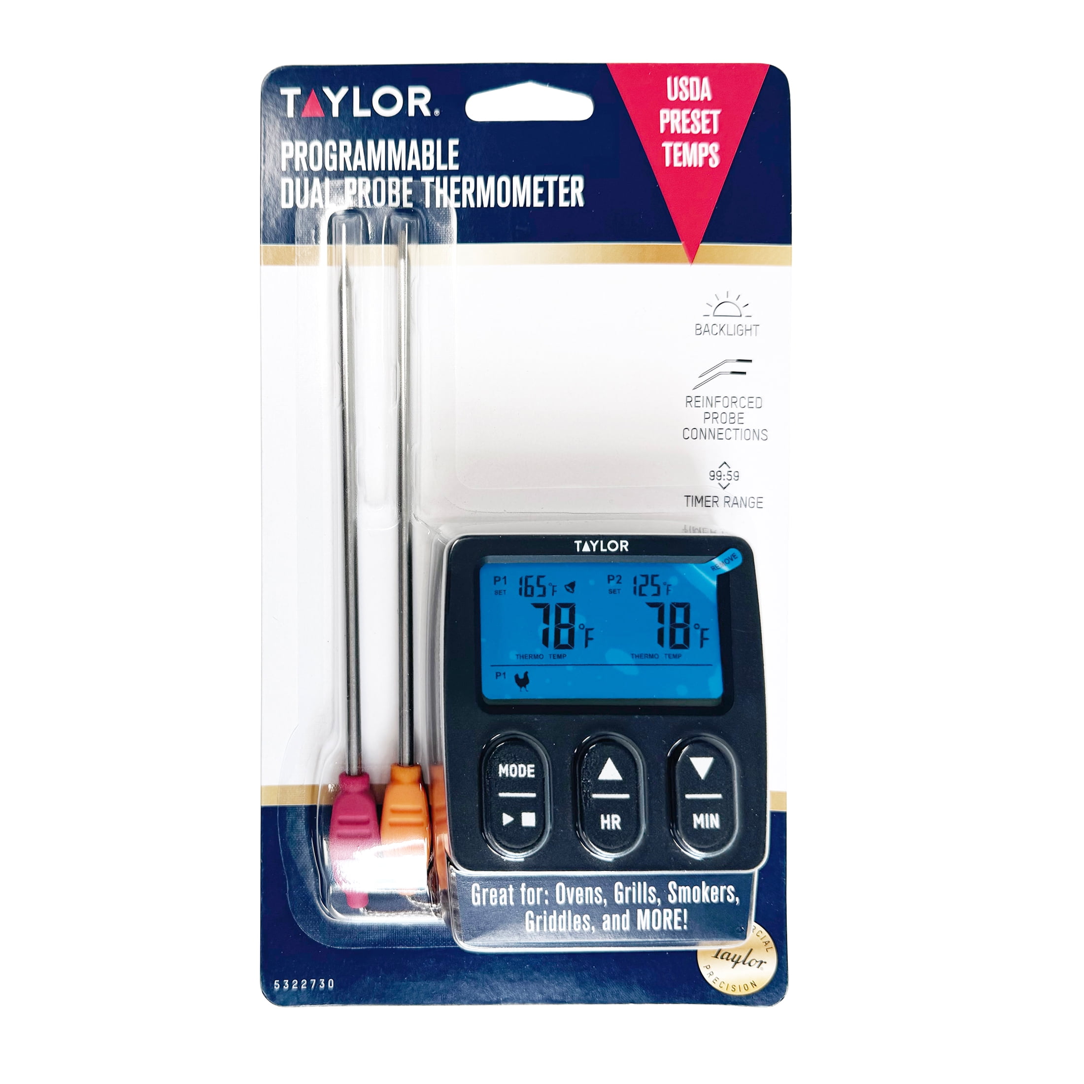 Taylor Programmable Dual Probe Digital Grill Food Thermometer, Stainless Steel, Black