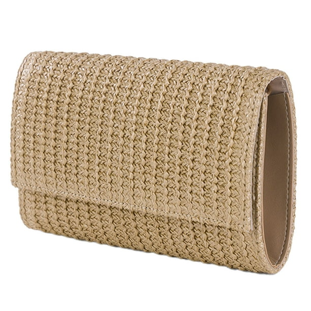 Bolso boho plano natural con asa superior, bolso cruzado, elegante cartera tejida tipo sobre, para la noche