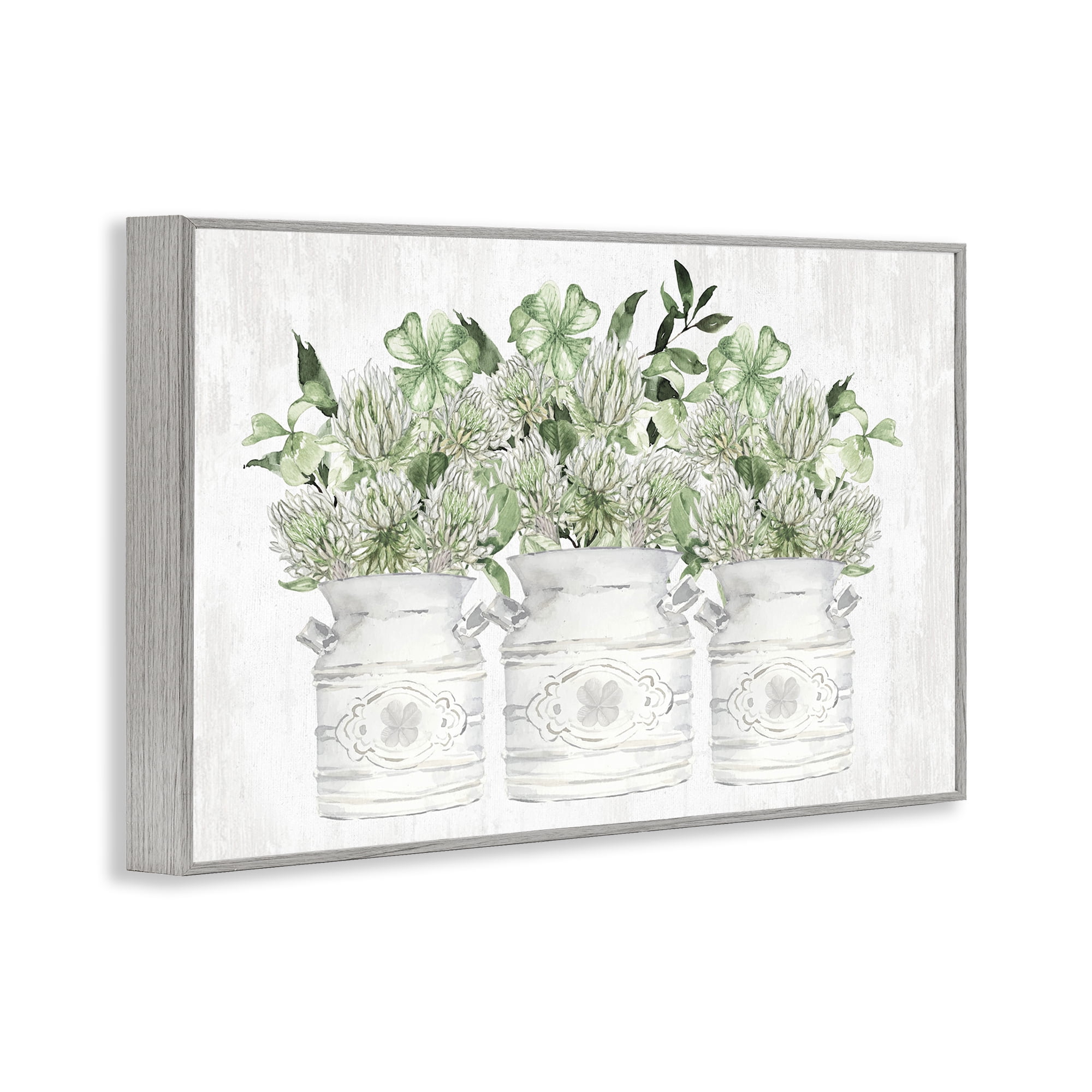 Stupell Industries Spring Potted Clovers Botanical & Floral Painting Gray Framed Art Print Wall Art, 24 x 16