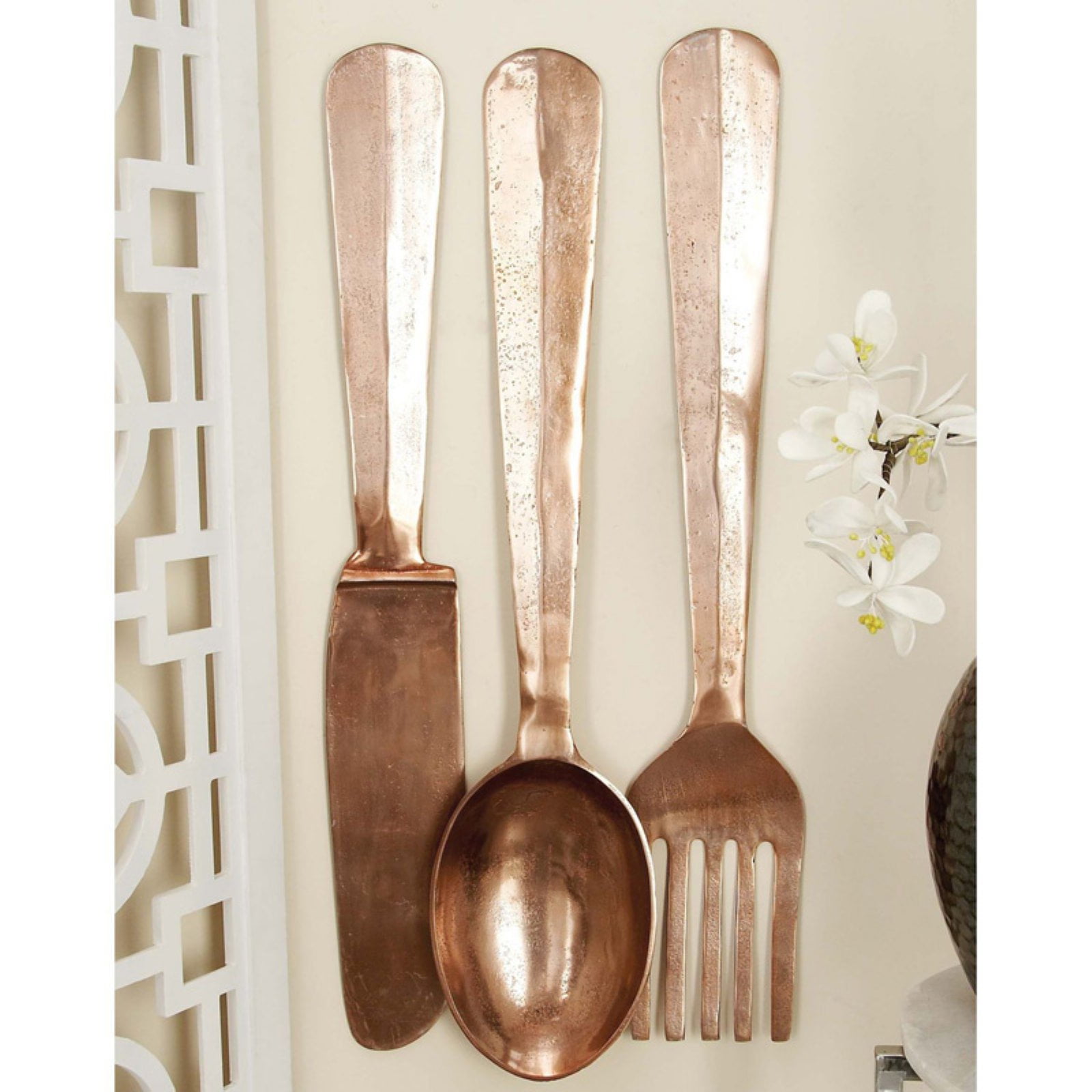 Decmode Extra Large Copper Metal Utensil Wall Decor, Set of 3 8" x 34