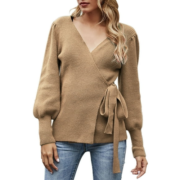 Ploknplq Sweaters for Women Womens Tops Women's Fall Winter Wrap V Neck Sweater Balloon Sleeves Ribbed Knitted Pullover Tie Front Top Jumper Fall Sweaters for Women Khaki L