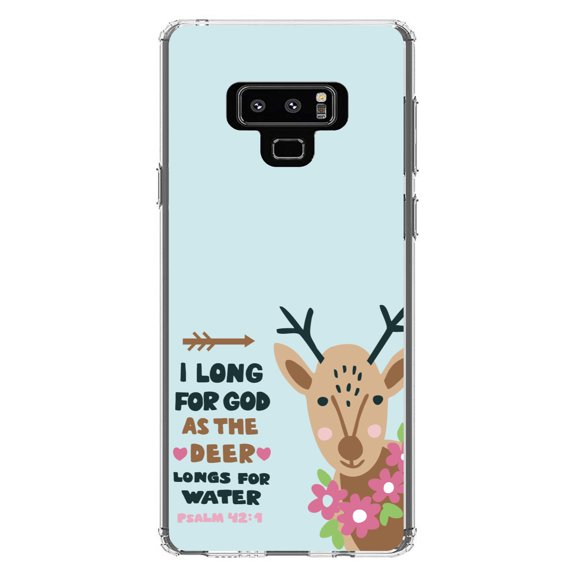 DistinctInk Clear Shockproof Hybrid Case for Samsung Galaxy Note 9 - TPU Bumper, Acrylic Back, Tempered Glass Screen Protector - Psalm 42:1 - Long for God as the Deer Water