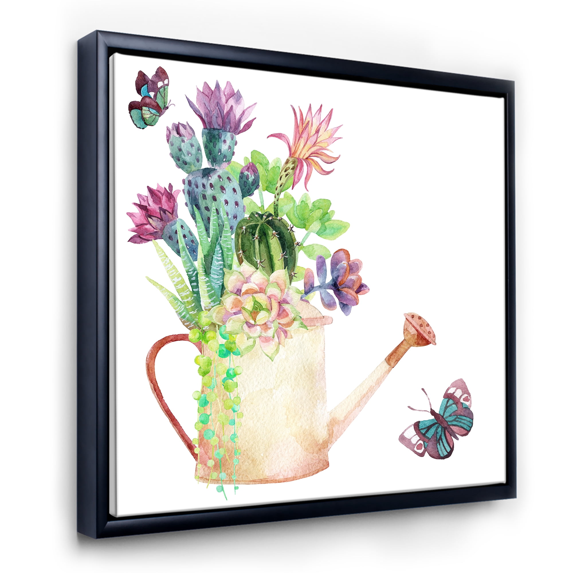 Designart 'Succulents In Old Watering Can With Butterfly' Farmhouse Framed Canvas Wall Art Print