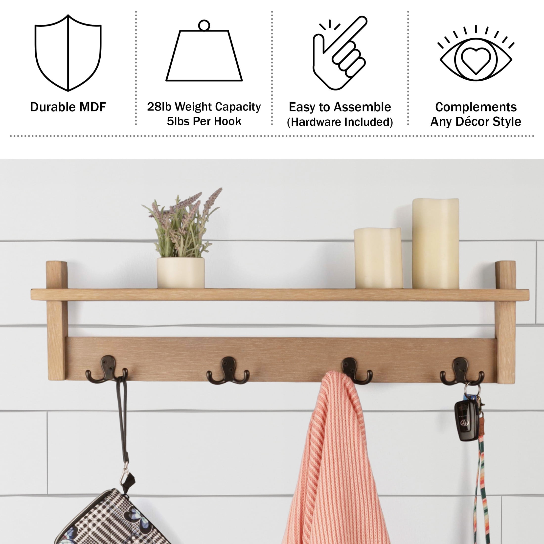 Lavish Home Coat Rack with Shelf - Wall Mount Shelf with 4 Hooks (Brown)