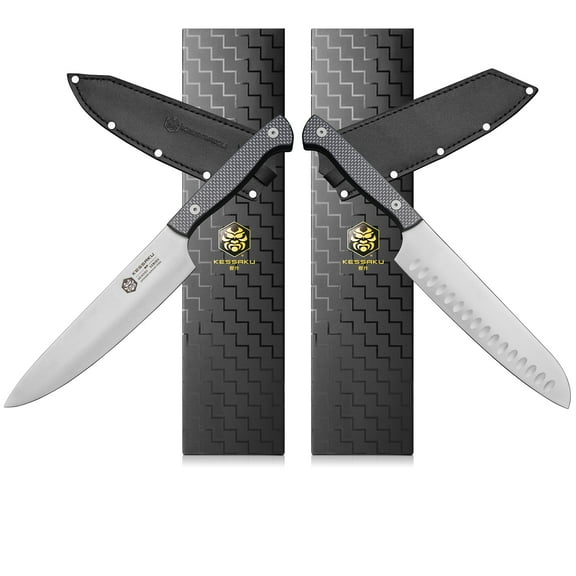 Kessaku 8-Inch Chef and 8-Inch Santoku - Senshi Series Knife Set - Forged High Carbon Japanese AUS-8 Stainless Steel - Carbon Fiber G10 Handle with Blade Guards