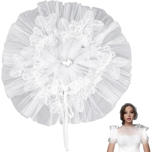 White Ruffle Tulle Shawl Wrap Vintage Sheer Voile Pleated Floral Trimming Soft Fabric Polyester Detachable Collar for Wedding Bridal Women Party Birthday Dresses Costumes Decoration Craft