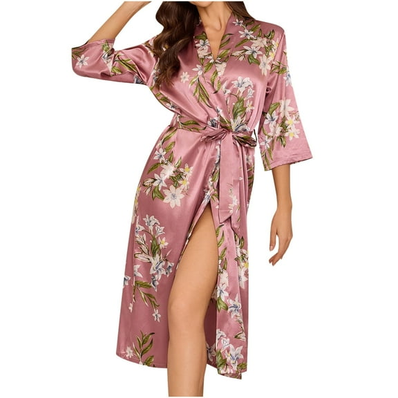 Xfvqtps Womens Pajama Bridal Bridesmaids Robes 3/4 Lace Sleeve V Neck Flower Print Satin Soft Comfortable Silky Nightwear Pink