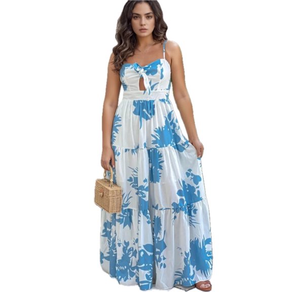 Women's Cut-Out Sweetheart Neck Maxi Dress with Tie Detail and Tiered Silhouette 100% Polyester for Special Occasions