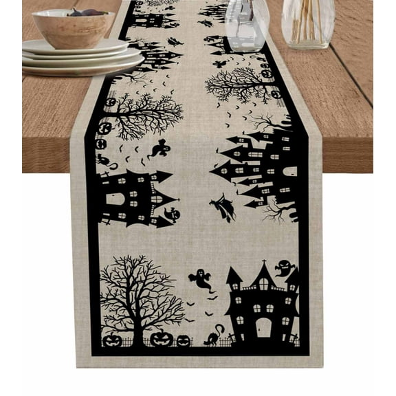 Halloween Table Runner 72 Inches, Horror Pumpkins Halloween Witch Bat Castle Bed Runner Dresser Scarves Tabletop for Indoor Outdoor Parties/Ceremony/Banquet, 16" x 72"