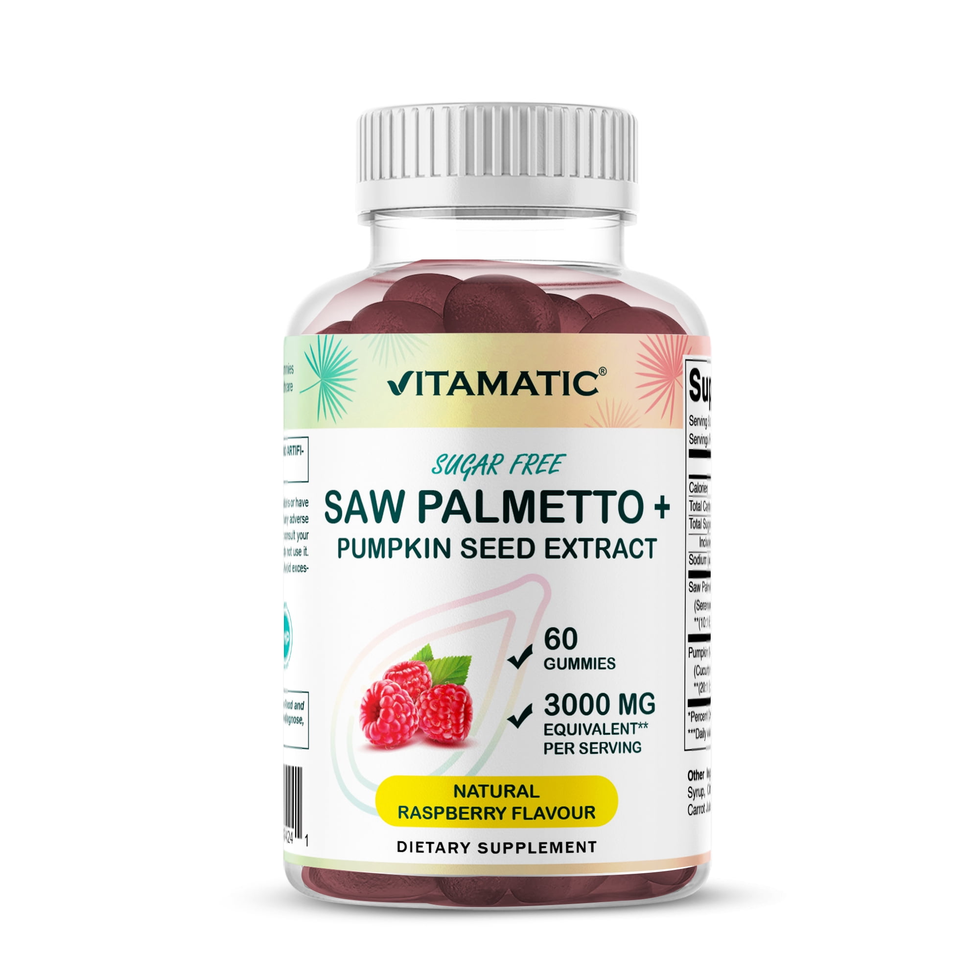 (2 pack) Vitamatic Sugar Free Saw Palmetto with Pumpkin Seed - 3000 mg Equivalent per Serving - Natural Raspberry Flavor - 60 Count