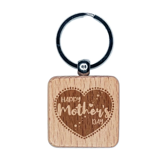 Happy Mother's Day Heart Square Keychain Charm Tag - Engraved Wood