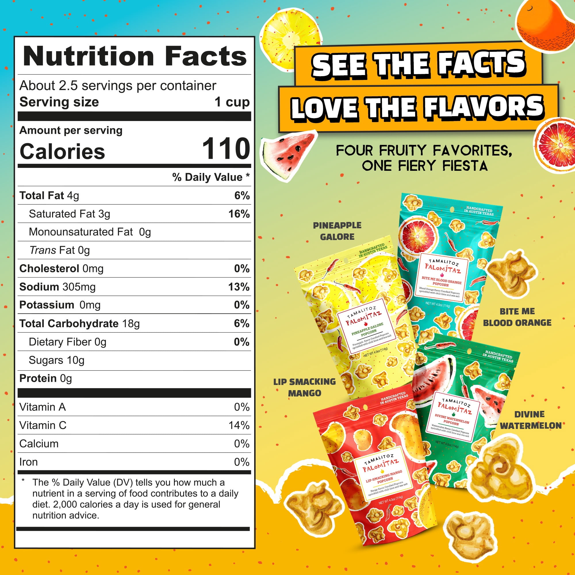 Tamalitoz Palomitaz Gourmet Popcorn Fiesta Mexican Popcorn Variety Bag with Chile, Lime & Sea Salt Mango, Watermelon, Blood Orange, Pineapple Handcrafted Snack, Gluten-Free, Kosher 4 Bags (4oz Each)