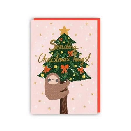 Cute Christmas Card with Sloth and Tree Design – "Sending Christmas Hugs!" – Blank Inside, Perfect for Holiday Greetings – Includes Colored Envelope